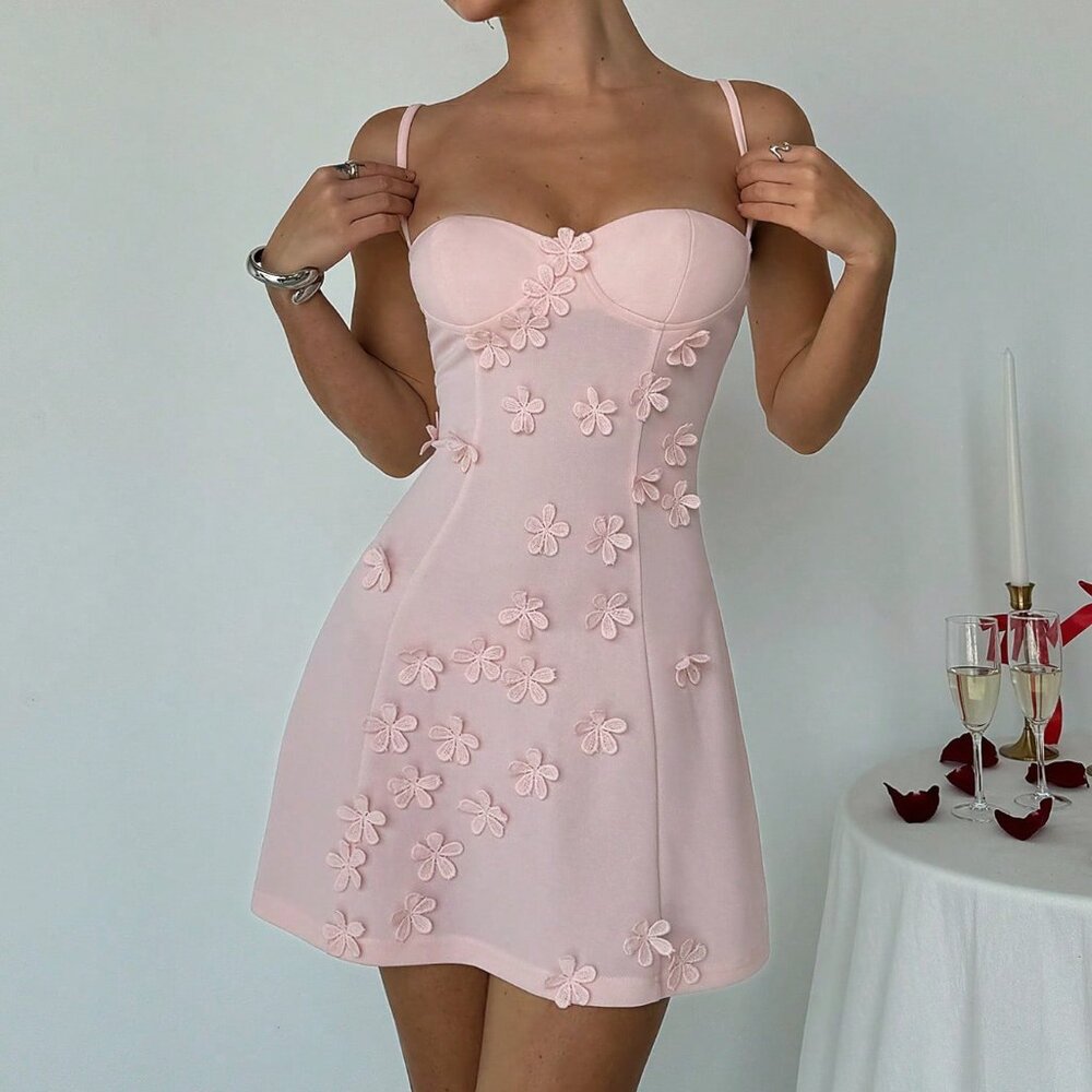 Pink Elegant Women's Sexy Camisole Dress with Flower Embellishment